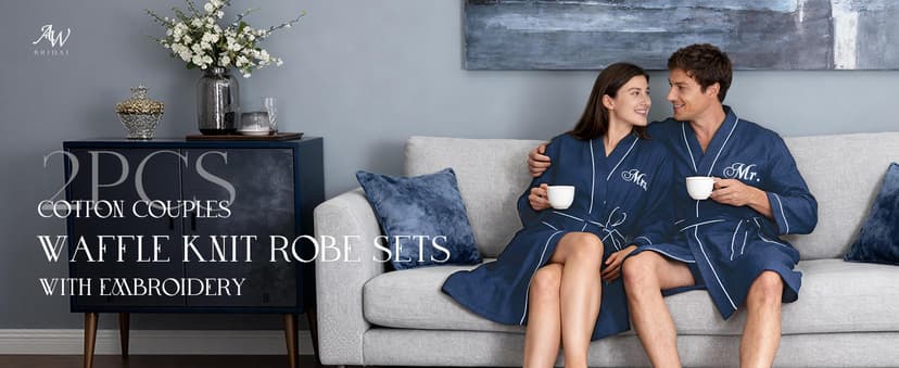 AW BRIDAL Mr and Mrs Waffle Knit Robe Set for Wedding Engagement Gifts, Anniversary Matching Robes for Couples, Women and Men