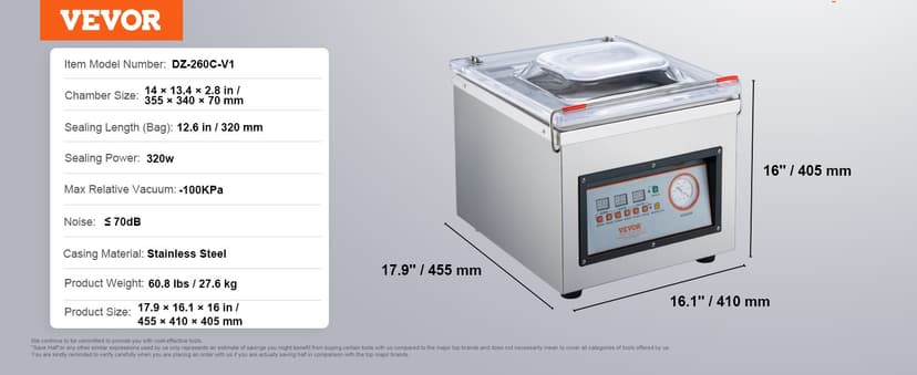 VEVOR Chamber Vacuum Sealer, 320W Sealing Power, Vacuum Packing Machine for Wet Foods, Meats, Marinades and More, Compact Size with 12.6 in Sealing Length, Applied in Home Kitchen and Commercial Use