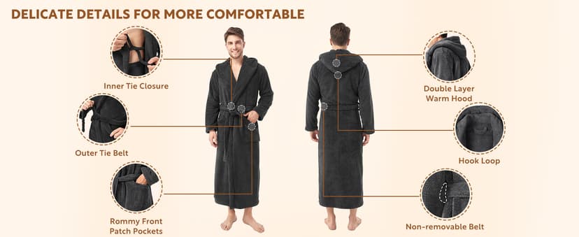 DAVID ARCHY Men's Hooded Robe Soft Coral Fleece Microfiber Bathrobe