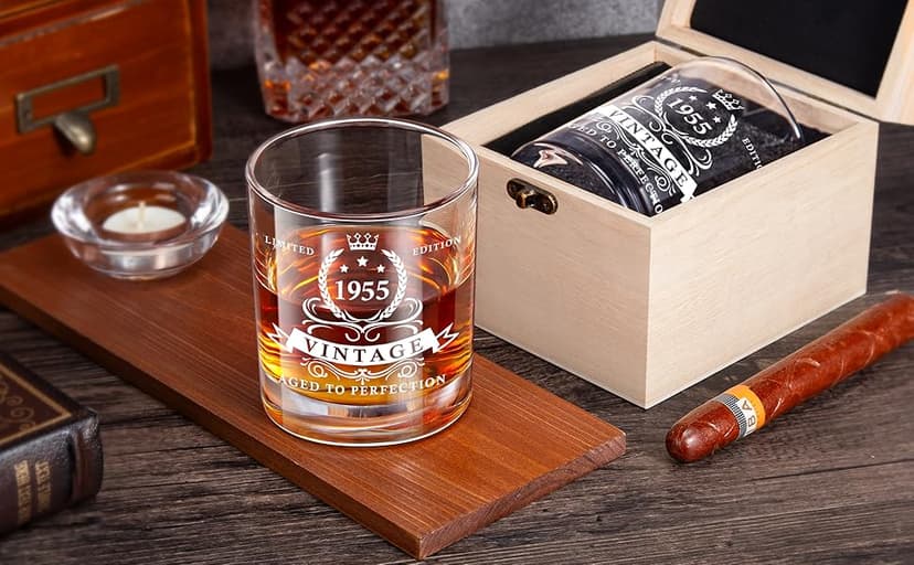 LIGHTEN LIFE 70th Birthday Gifts for Men 12 oz,1955 Whiskey Glass in Valued Wooden Box,70th Birthday Bourbon Glass for 70 Years Old Dad,Husband,Friend,70th Bday Gift Ideas
