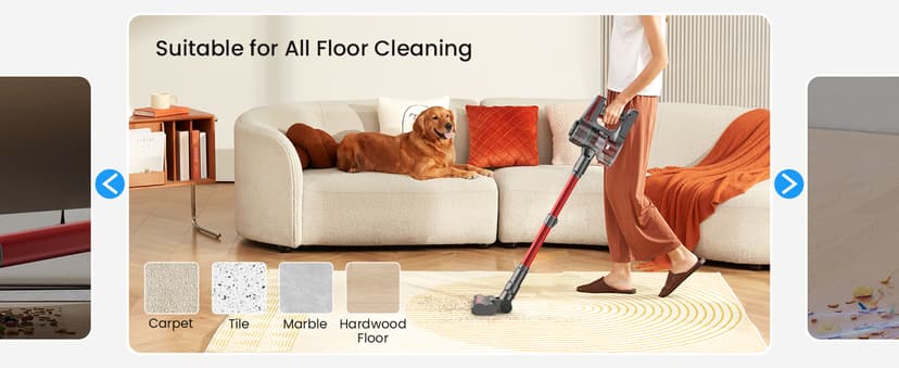 Cordless Vacuum Cleaner, Stick Vacuum with Powerful Suction, 45Mins Runtime Vacuum Cleaners for Home, Anti-tangle and 1.5L Dust Cup, 6 in 1 Lightweight Vacuum for Hardwood Floor Carpet Pet Hair