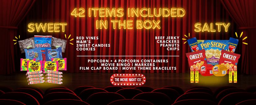 Movie Night Gift Basket – 42-Piece Gift Box with Popcorn, Candy, Snacks & Bingo – Birthdays, Date Night, Family, Kids, Adults, Mom, Dad, Teens, Christmas, Mothers Day, Fathers Day, Raffle & Fundraiser