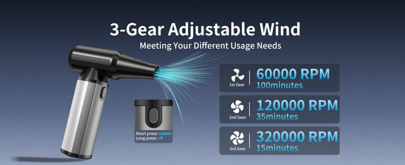 Compressed Air Duster, 2-in-1 Duster Blower & Vacuum with 320000RPM Super Power, Electric Air Duster Rechargeable, 3-Gear Adjustable Air Blower for Keyboard, Computer, Car, Home, and Outdoor Cleaning