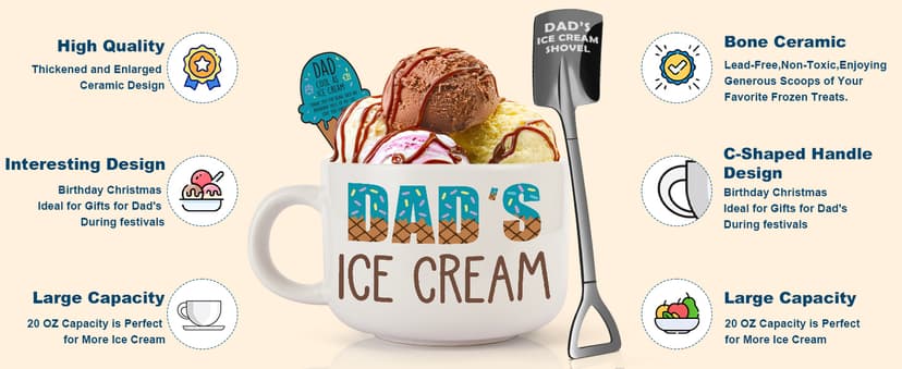 YEUYUQIU Christmas Dad Gifts from Daughter Son Wife - Ideal Christmas Fathers Day Birthday Gifts for Daddy Father Father in Law New Dads, Best Dad Ever Gift - Cool Dad's Ice Cream Bowl Shovel Set
