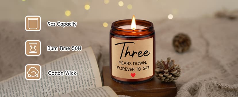 Fairy's Gift 3 Year Anniversary Candle Gifts for Him Her Wife Boyfriend GF Husband - Leather 3rd Anniversary Couple Gifts Ideas - 3rd Year Wedding Anniv. Presents for Couples, Happy Third Anniv.