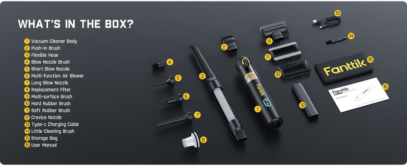 Fanttik Slim V8 APEX Car Vacuum, 4-in-1 Portable Mini Cordless Vacuum with 19000pa Suction Power, Type-C Charge, 2 Suction Modes, Handheld Vacuum for Small Jobs, Car, Office Desk, Keyboards (Black)