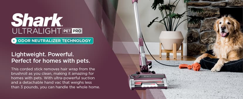 Shark HZ702 Ultralight PetPro Corded Stick Vacuum with PowerFins HairPro Odor Neutralizer Technology, Wine Purple