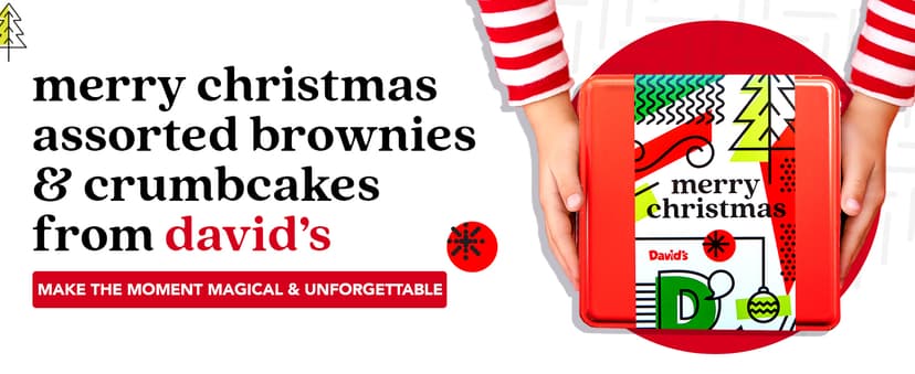 David's Cookies Merry Christmas Assorted Brownies & Crumb Cake Gift Tin 16pcs - Delicious, Fresh Baked Snacks, Gourmet Chocolate Fudge Slices, Brownies, Ideal Gift for Christmas Holidays