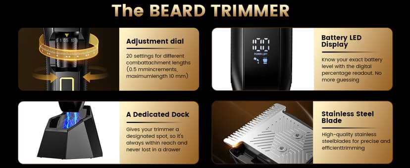 Men's Beard Trimmer-All-in-One Mustache Trimmer for Men with 20 Length Adjustable, Stainless Steel T-Blade for Precision Facial Hair Trimming Cordless IPX7 Waterproof Wet/Dry Clipper,LED Display