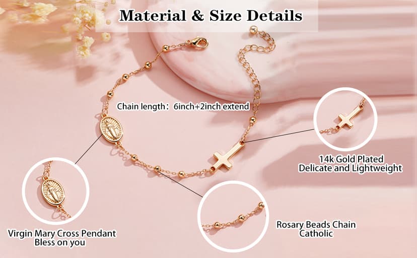 Catholic Virgin Mary Cross Bracelet Gifts for Girls Teens Women, Rosary Beads Charm Link Chain Bracelet Christmas Christian Religious Jewelry Gifts
