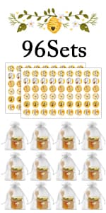 Aliggbent 48 Pack Mini Honey Jars Party Favors in Bulk, 1.5 oz Small Hexagon Glass Honey Jars with Dippers, Lids, Cute Stickers, Bee Charms, Gift Bags and Jute for Baby Showers, Weddings & Birthdays