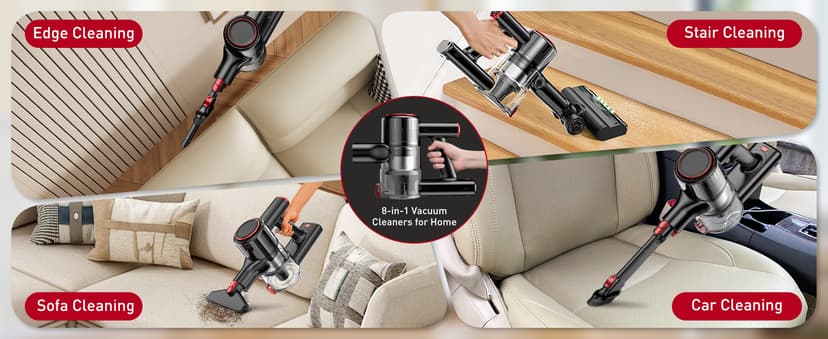 Cordless Vacuum Cleaner, 45KPA 8-in-1 Vacuum Cleaners for Home, 50Mins Runtime, Anti-Tangle Stick Vacuum with LED Display, Rechargeable Lightweight Vacuum for Pet Hair/Carpet/Floor (Red) (Red)