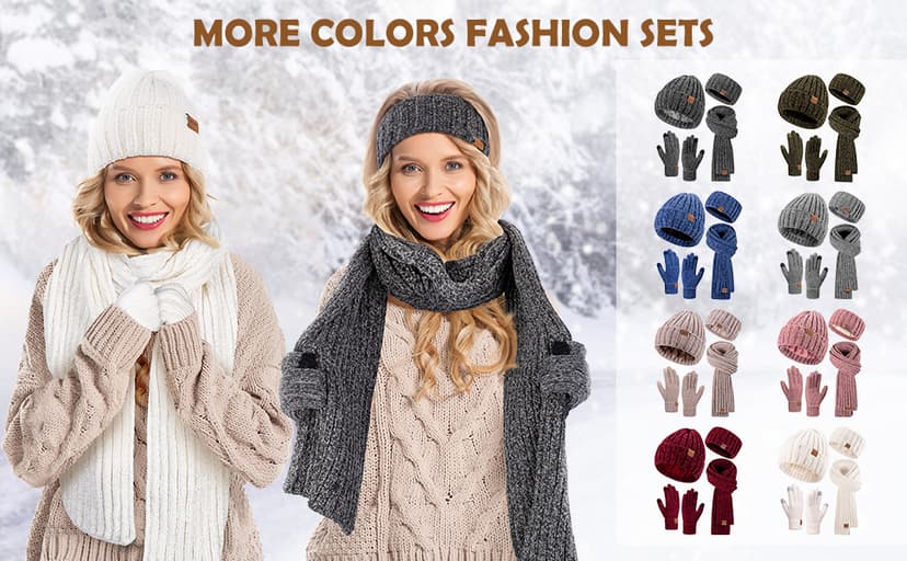 Women Beanie Scarf Gloves Headband Set, Chenille Winter Hats Fleece Lined Ear Warmer Knit Scarf Touchscreen Gloves 4 Gift Set
