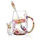 Luka Tech Enamel flower Lead-free Glass Coffee Mugs Tea Cup with Steel Spoon, Best Birthday Gifts For Women Wife Mom Friends Mothers Valentines Day Christmas