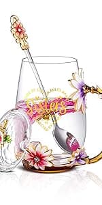 Luka Tech Enamel flower Lead-free Glass Coffee Mugs Tea Cup with Steel Spoon, Best Birthday Gifts For Women Wife Mom Friends Mothers Valentines Day Christmas