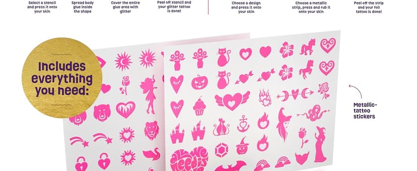 Pretty Me Glitter Tattoo Kit for Kids - Glitter & Metallic Fake Tattoos for Girls - Birthday Gift Ideas for Girl - Temporary Tattoo Set - Craft Kits Toys for Ages 6 7 8 9 10 11 Year Old - Cool Gifts