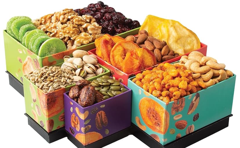 Oh! Nuts Dried Fruit and Nuts Gift Basket Tower with Black Ribbon Gift Basket, 5 Tier Gourmet Arrangement Platter, Healthy Kosher Snack Box for Birthday, Anniversary