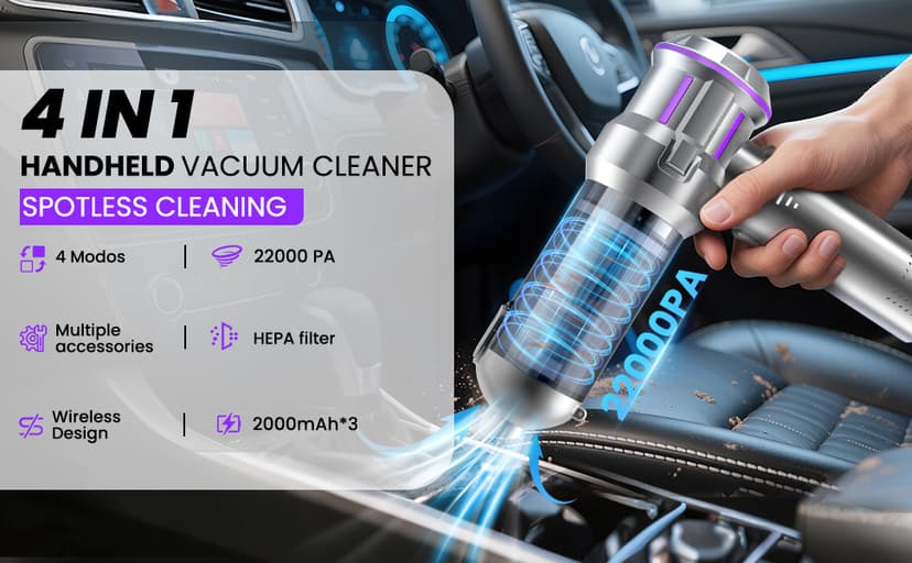 Handheld Vacuum Cordless, 28000Pa 4 in 1 Car Vacuum Portable Cordless, One-Touch Dust Removal, 3-Speed Brushless Motor Mini Vacuum, Ideal for Home, Car, Office, and Pet Hair Cleanup, Silver