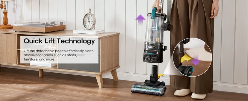 Eureka FlexReach Plus Bagless Upright Vacuum Cleaner for Home,Pet Vacuum for Carpet and Hard Floor, Lift-Up Vacuum with Flooring Type Sensor, HEPA Filter,Anti-Tangle, NEU652, Green