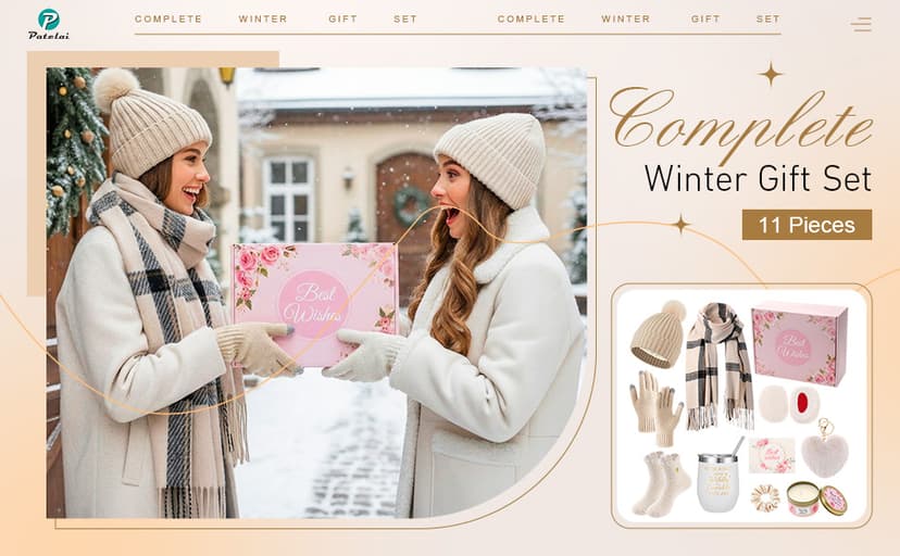 Patelai 11 Pcs Birthday Basket Gifts Set for Women Knitted Winter Beanie Hat Gloves Scarf Earmuff Tumbler Candle Fleece Socks