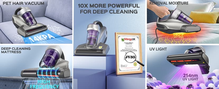Jimmy Mattress Vacuum Cleaner, Anti-allergen Bed Vacuum Cleaner with UV-C Light & High Heating Tech, 14Kpa Suction 480W Powerful Handheld Vacuums for Dust & Pet Hair(JV35, Corded)