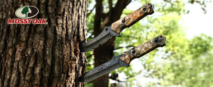 Mossy Oak Fixed Blade Hunting Knife Set - 2 Piece, Full Tang Handle Straight Edge and Gut Hook Blades Game Processing Knife, Sheath Included - Yellow Camo