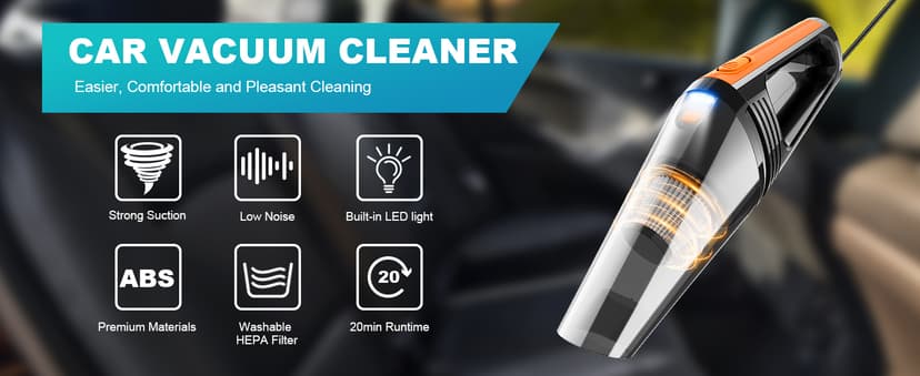 Car Vacuum, Portable Car Vacuum Cleaner High Power 8000Pa, Small 12V Handheld Vacuum with LED Light,16.4Ft Corded, Deep Detailing Cleaning Kit of Car Interior with Dry for Men/Women