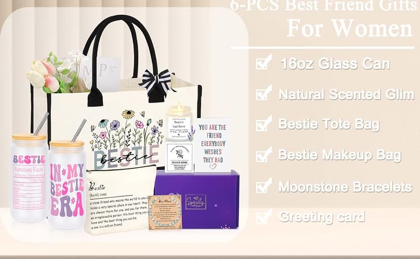 Best Friend Bestie Birthday Gifts for Women, Friendship Gifts for Best Friend Woman, Christmas Mothers Day Valentines Bestie Ideas Presents Basket Set of 6