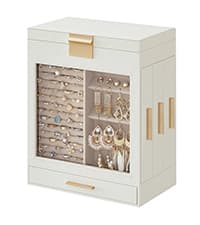 SONGMICS Jewelry Box Organizer with Glass Lid, 3-Layer Jewelry Storage, with 2 Drawers, Modern Style, Christmas Gift, 8 x 9.1 x 5.3 Inches, Cloud White and Gold Color UJBC239WT