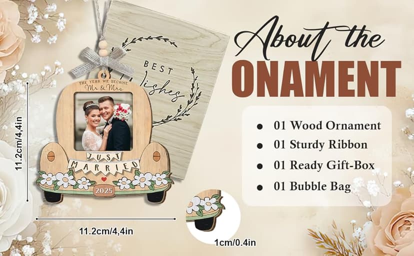 Just Married Personalized Christmas Ornaments - Wedding Gifts for Couples 2025, Bridal Shower Gift for Bride, Custom Wooden Ornaments with Picture, Newly Wed Gifts for The Couple Mr and Mrs Engagement