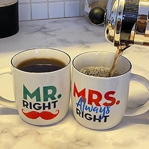 Triple Gifffted Mr Right Mrs Always Right Coffee Mugs Gifts Ideas for Couples, Wedding Anniversary, Engagement, Christmas, His & Hers, Bride and Groom, Parents, Newlyweds Bridal Shower, Ceramic 380ml