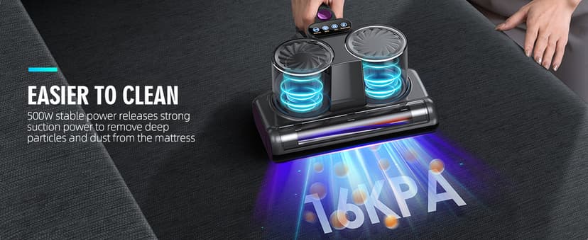 Mattress Vacuum Bed Vacuum Cleaner 16Kpa Suction 253.7nm UV-C Light, 140°F Heated Air, 30000 RPM Brushroll, Ultrasonic, HEPA Filter, Handheld Vacuums for Carpet/Sofa, 500W Corded, (Dark Gray)