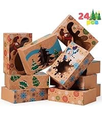 JOYIN 24 PCS Christmas Cookie Gift Baking Box 8.75" x 5.75" x 2.75” with Window Auto-Popup, Xmas Holiday Treat Boxes Containers with Tags for Party Favor Pastries, Cupcake, Brownies, Donut Gift-Giving