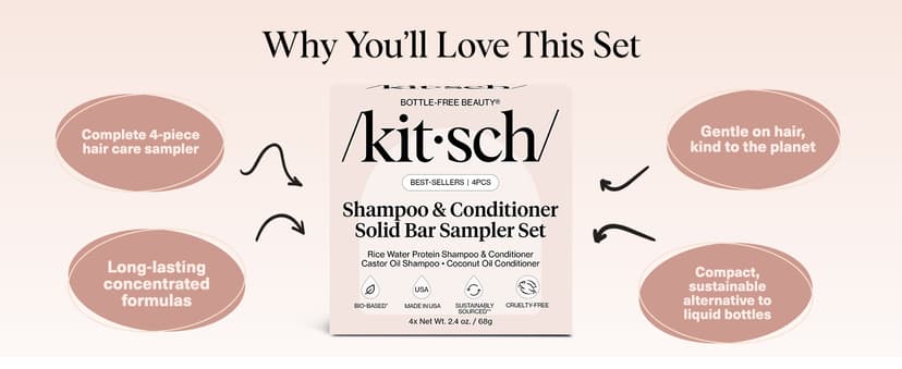 Kitsch Shampoo and Conditioner Set - 4pc Sampler Bars with Rice Water Shampoo and Conditioner, Castor Oil Shampoo & Coconut Oil Conditioner - Bottle-Free Beauty for Hair Growth, Repair & Moisture