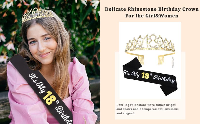 CAVETEE Gold Birthday Crown and Tiara for Women, Sash for Girls - Birthday Party Decoration