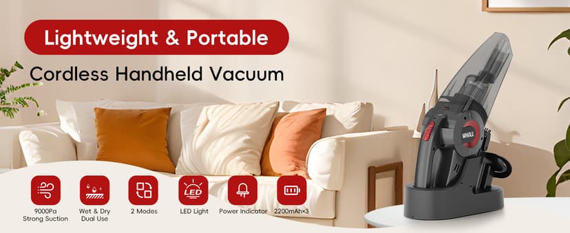 whall Handheld Cordless Car Vacuums, Wet and Dry Use 9000Pa Strong Suction Vacuums, Rechargeable Portable Vacuum Cleaner with LED, Charging Dock, Lightweight Mini Vacuum for Car, Home and Office, Red