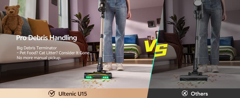 Ultenic Cordless Vacuum Cleaner, 550W 50KPA 65min Runtime, Stick Vacuum with Green Light, Self-Standing & 180° Lay-Flat, Anti-Tangled Brush, Vacuum Cleaners for Home/Hard Floor/Carpet/Pet Hair, U15