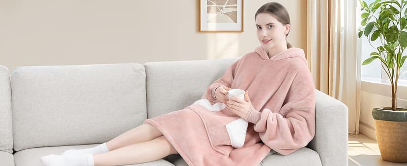 Touchat Wearable Blanket Hoodie, Oversized Sherpa Blanket Sweatshirt with Hood Pocket and Sleeves, Super Soft Warm Plush Hooded Blanket for Adult Women Men, One Size Fits All (Pink)