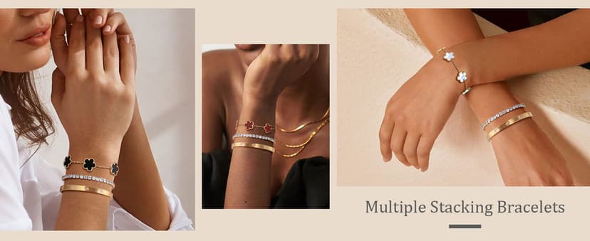 MPRAINBOW Womens Stackable Floral Gold Bracelets - 3Pcs 18K Gold Plated Bracelet,Stainless Steel Bangle Bracelets Non Tarnish, Gold Bracelet Set Trendy Jewelry,Christmas Valentines Birthday Gifts for Girlfriend