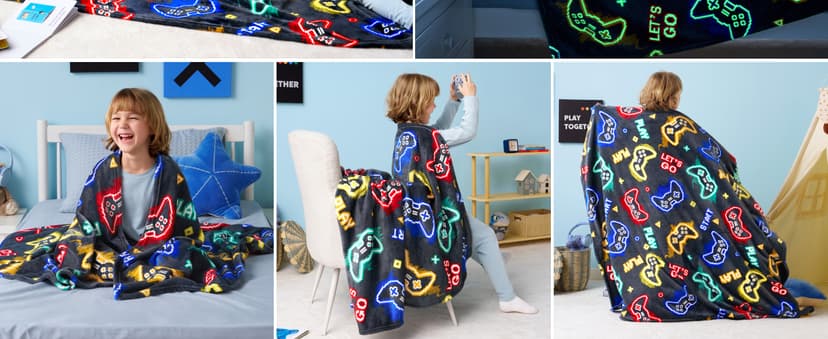 Joiedomi Glow in The Dark Gaming Blanket Gamer Gifts for Boys Age 2 3 4 5 6 7 8 9 10 11 12 Year Old, Soft Cozy Flannel Kids Throw Blanket, Birthday Bedroom Decor Grey 50"×60"