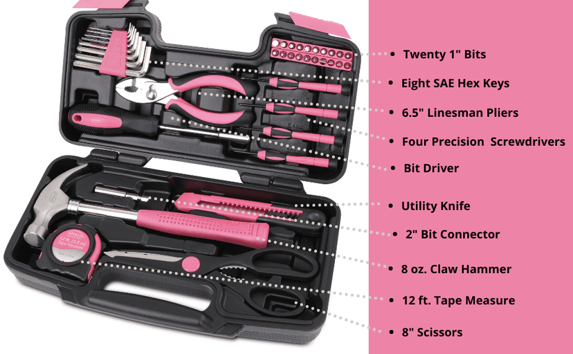 Apollo Tools Original 39 Piece General Household Tool Set in Toolbox Storage Case with Essential Hand Tools for Everyday Home Repairs, DIY and Crafts - Pink Ribbon - Pink - DT9706P