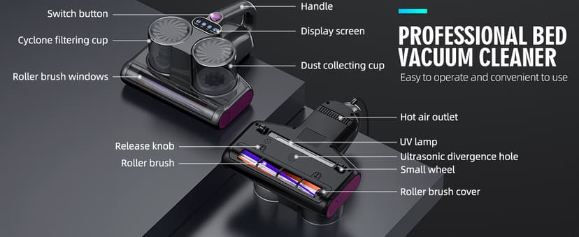 Mattress Vacuum Bed Vacuum Cleaner 16Kpa Suction 253.7nm UV-C Light, 140°F Heated Air, 30000 RPM Brushroll, Ultrasonic, HEPA Filter, Handheld Vacuums for Carpet/Sofa, 500W Corded, (Dark Gray)