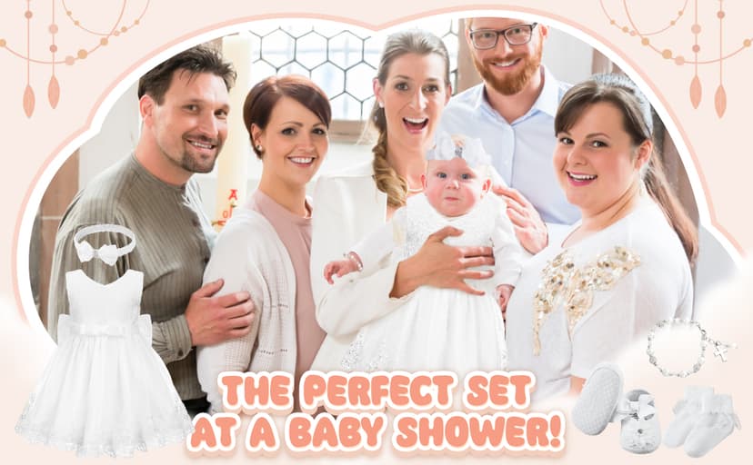 5 Pcs Baby Girl Baptism Outfit Includes Lace Christening Dresses Bowknot Headwear Cross Charm Bracelet Socks Shoes