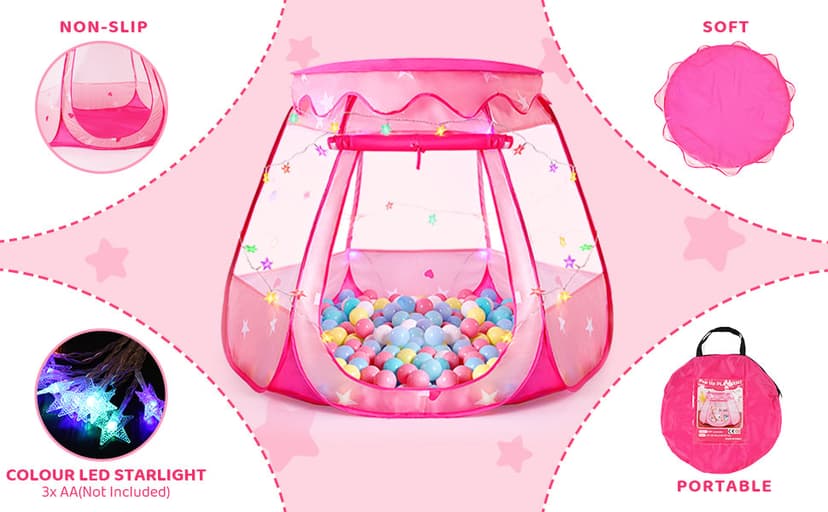 Pop Up Princess Tent with Colorful Star Lights for 1 2 3 Year Old Birthday Gift, 12-18 Months Baby Girl Toys, Foldable Ball Pit with Carrying Bag, Indoor&Outdoor Play Tent for Kids