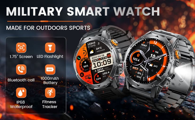 Military Smart Watch for Men 1000 mAh Battery/3 Bands/Flashlight,1.75'' HD Display Smart Watch with Call,IP68 Waterproof Fitness Tracker with Heart Rate,Sleep Monitor,100+ Sport Modes,for iOS Android