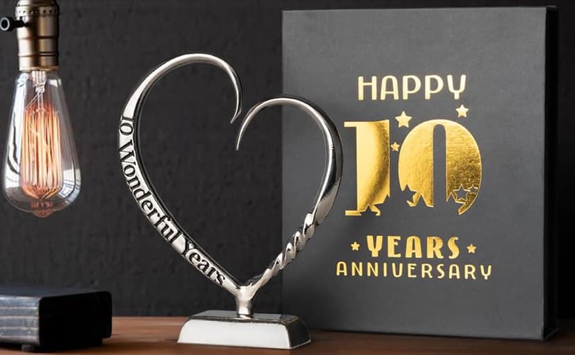 10 Year Anniversary Tin Gifts for Her Him Gift 10th Wedding Anniversary for Couples Wife Husband Men, Hand Forged Tin Aluminum Heart Art Keepsake Home Decor Artwork