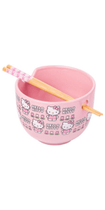 Silver Buffalo Sanrio Hello Kitty Strawberry Milk Japanese Character Ceramic Ramen Noodle Rice Bowl with Chopsticks, Microwave Safe, Pink, 20 Ounces