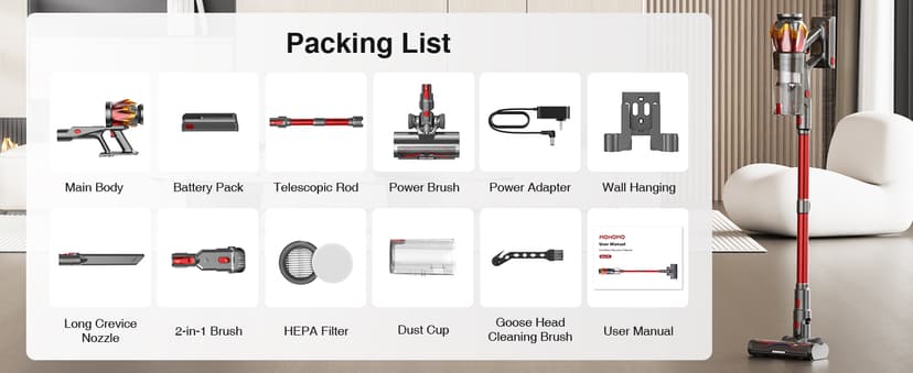 Cordless Vacuum Cleaner, 650W 55KPa 70Mins Vacuum Cleaners for Home, Self-Standing Stick Vacuum with Anti-Tangle Brush & OLED Touch Screen, Vacuum Cleaner for Hardwood Floors,Carpet,Pet Hair,Car (Red)