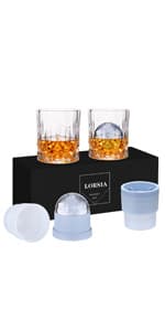 Whiskey Rocks Glass, Set of 4 (2 Crystal Bourbon Glasses, 2 Round Big Ice Ball Molds) In Gift Box - 10 Oz Old Fashioned Glasses for Scotch Cocktail Rum Cognac Vodka Liquor, Unique Gifts for Men