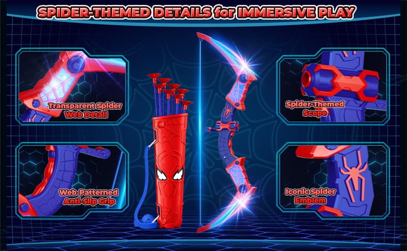 Spider Toys for Boys Age 3-4 4-6 6-8 8-12, Kids Toy BowArrow Shooting Set with Red & Blue LED Lights, Spider Quiver & Web Target, 8 Suction Cup Arrows, Toys Gifts for 3 4 5 6 7 8 9 10 12 Year Old Boys